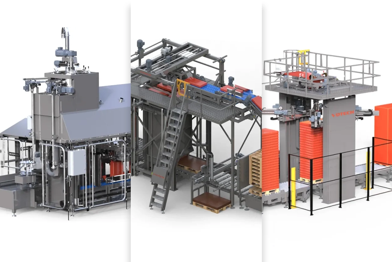 Votech equipment which includes filling machine, palletizers and stretch hooding machines